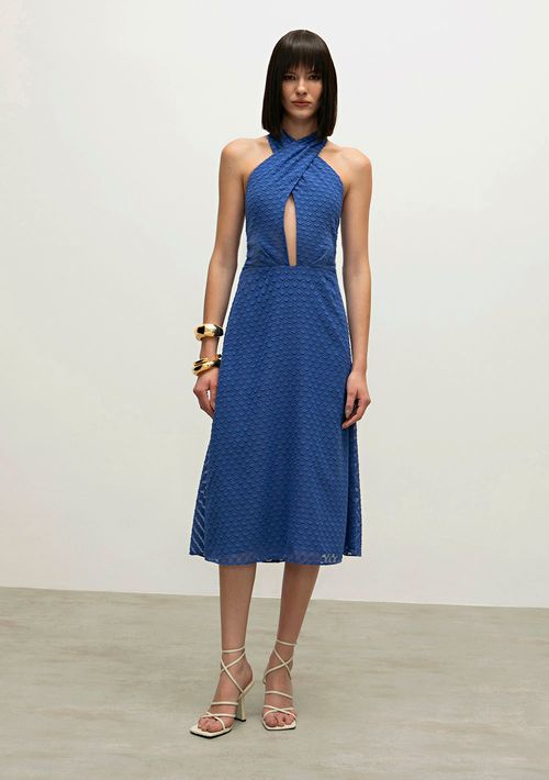 Vestido Iódice Midi Frente Única Amarração Costas Azul