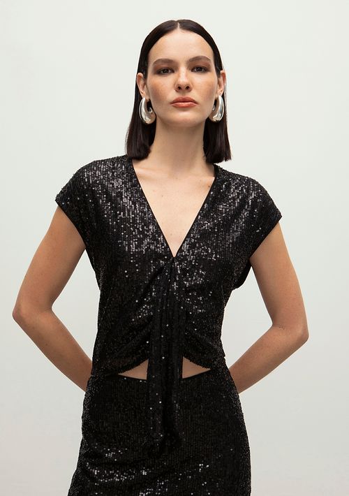 Blusa Iódice Decote V Manga Curta Com Franzido Preto