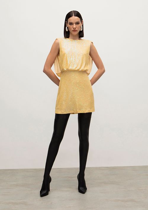 Vestido Iódice Curto Decote Redondo Com Sobreposição Bege