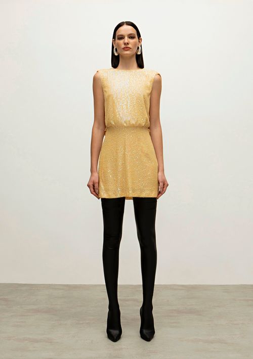 Vestido Iódice Curto Decote Redondo Com Sobreposição Bege