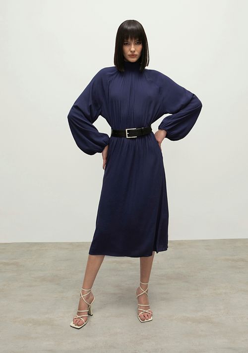 Vestido Iódice Midi Gola Alta Detalhe Elástico Azul Marinho
