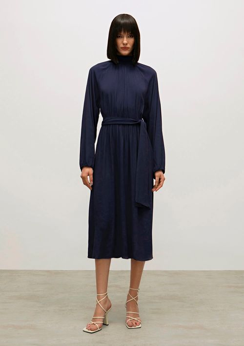 Vestido Iódice Midi Gola Alta Detalhe Elástico Azul Marinho