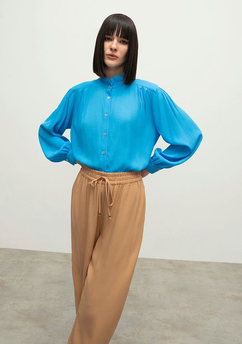 Camisa Iódice Manga Longa Com Pregas Azul