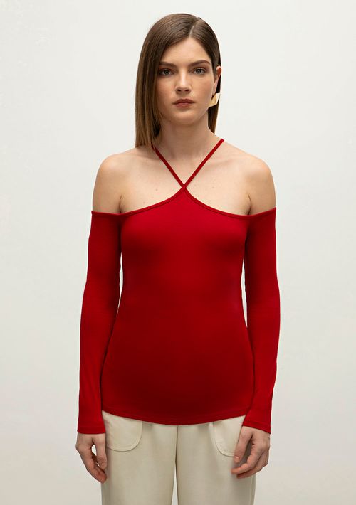 Blusa Iódice Decote Diferenciadao Manga Longa Com Recorte Vermelho