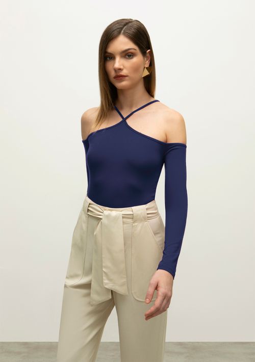 Blusa Iódice Decote Diferenciadao Manga Longa Com Recorte Azul