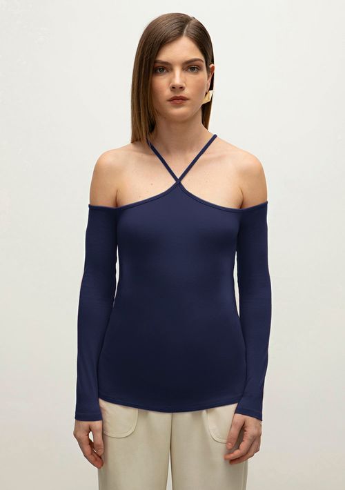 Blusa Iódice Decote Diferenciadao Manga Longa Com Recorte Azul