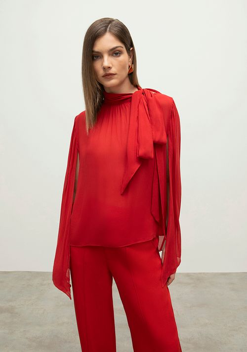 Blusa Iódice Gola Alta Manga Longa Com Amarração Vermelho