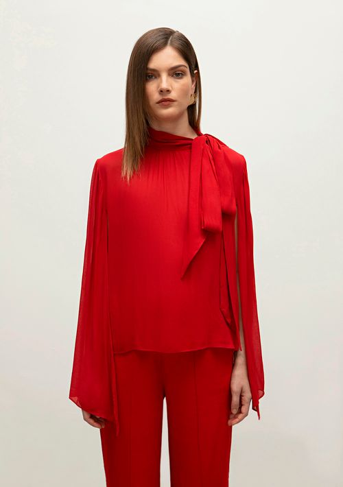 Blusa Iódice Gola Alta Manga Longa Com Amarração Vermelho