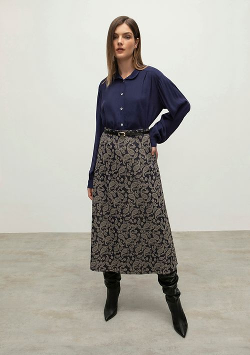 Saia Iódice Midi Evasê Com Zíper Azul Marinho