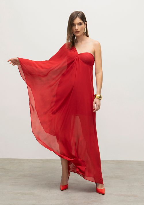 Vestido Iódice Longo Ombro Só Com Pregas Vermelho