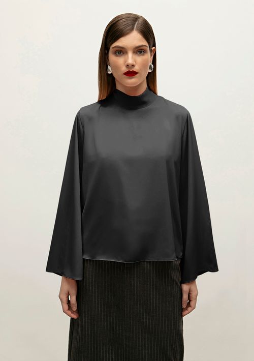 Blusa Iódice Gola Alta Manga Longa Com Amarração Preto