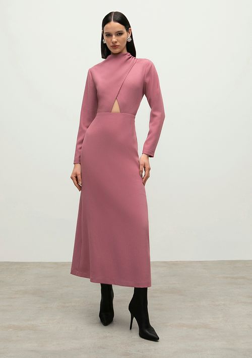 Vestido Iódice Longo Decote Redondo Abertura Frente Rosa