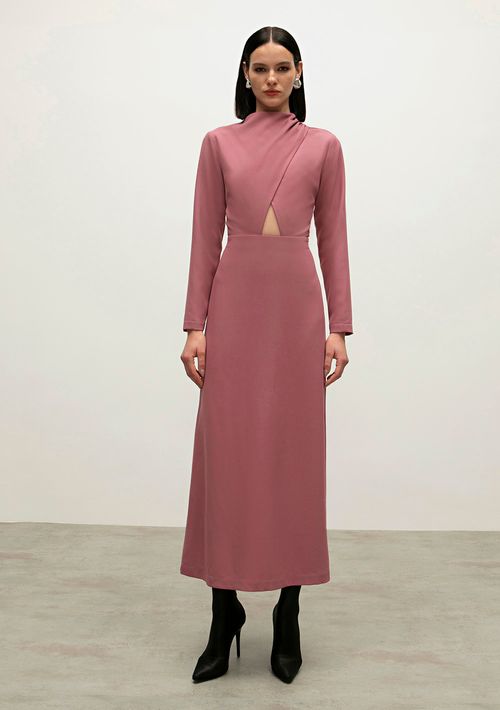 Vestido Iódice Longo Decote Redondo Abertura Frente Rosa