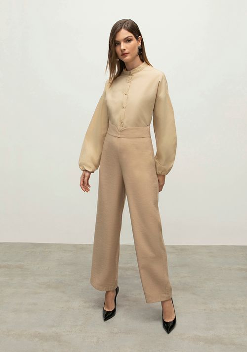 Calca Iódice Reta Cós Alto Detalhe Cós Bege