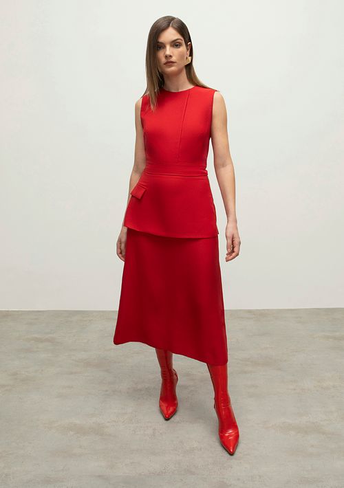 Saia Iódice Midi Justa Com Sobreposição Vermelho