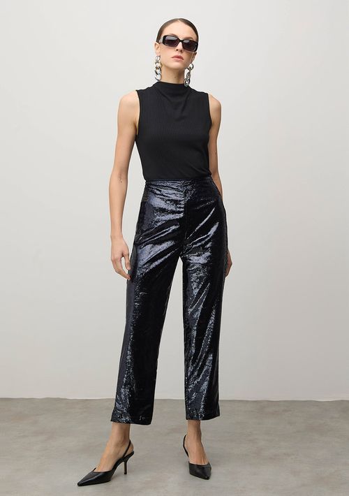 Calca Iódice Cenoura Cós Alto Com Pence Azul