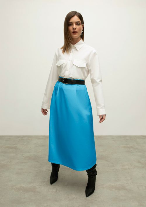 Saia Iódice Midi Evasê Com Pregas Azul