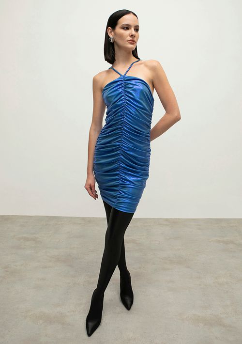 Vestido Iódice Curto Frente Única Com Drapeado Azul