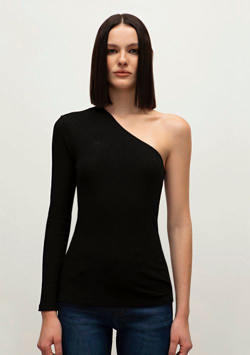 Blusa Iódice Ombro Só Manga Longa Detalhe Decote Preto