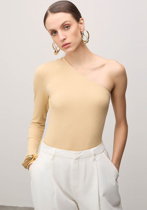 Blusa Iódice Ombro Só Manga Longa Detalhe Decote Bege