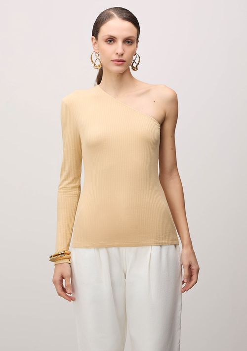 Blusa Iódice Ombro Só Manga Longa Detalhe Decote Bege