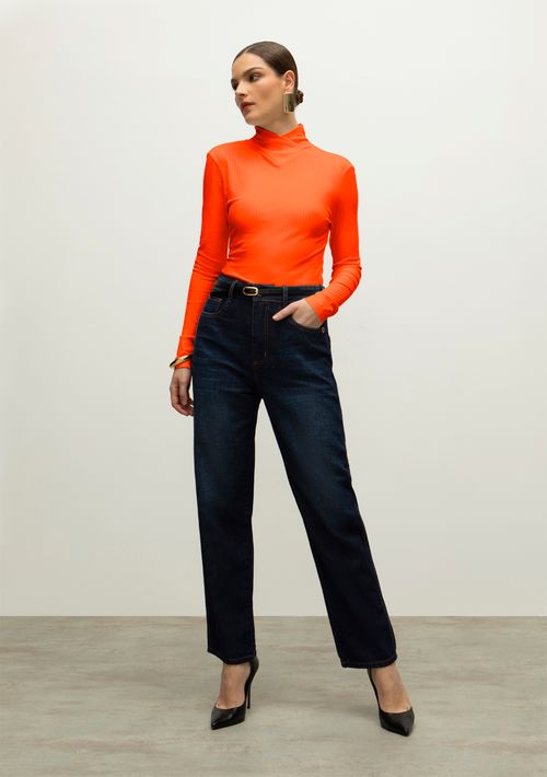 Blusa Iódice Gola Alta Manga Longa Canelada Laranja
