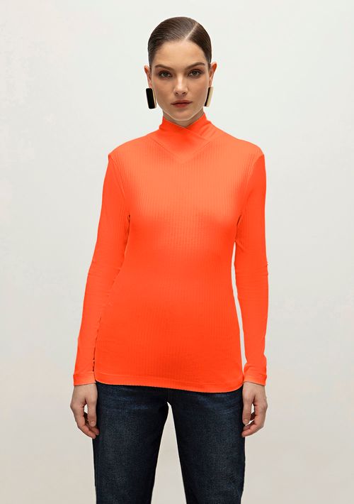 Blusa Iódice Gola Alta Manga Longa Canelada Laranja