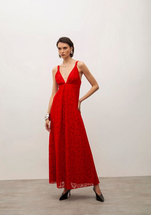 Vestido Iódice Sólto Decote V Com Alça Longo Vermelho