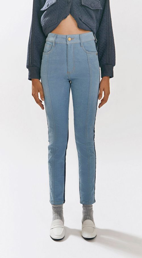 Calca Iódice Skinny Cós Alto Composê De Tecidos Jeans