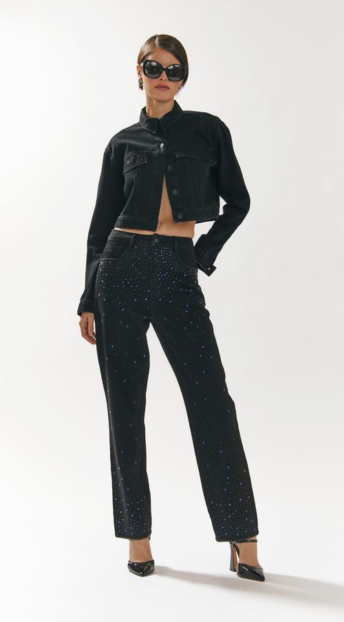 Calca Iódice Reta Slim Cós Alto Bordado Manual Preto