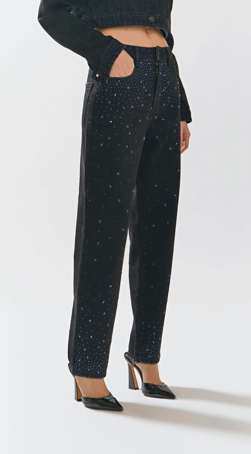 Calca Iódice Reta Slim Cós Alto Bordado Manual Preto