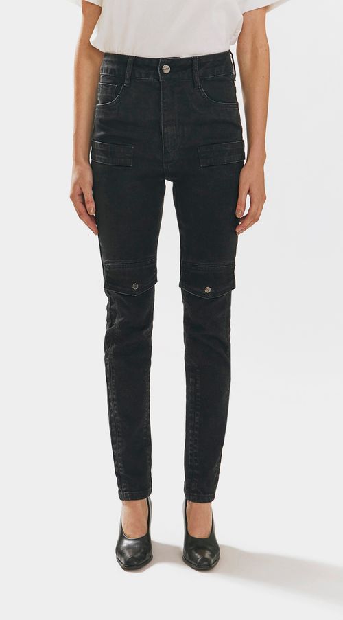 Calca Iódice Skinny Cós Alto Detalhe Bolso Preto