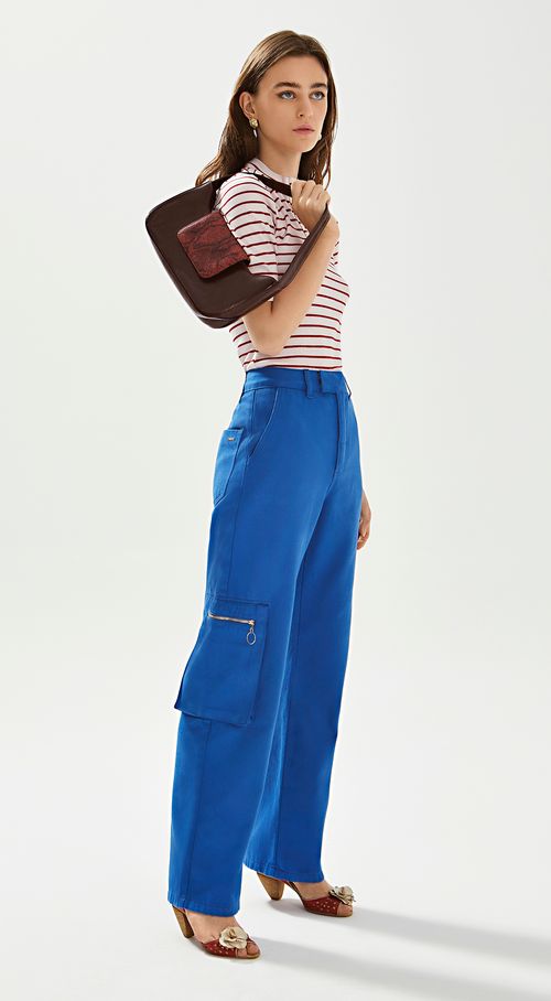 Calca Iódice Wide Cós Alto Bolso Cargo Azul