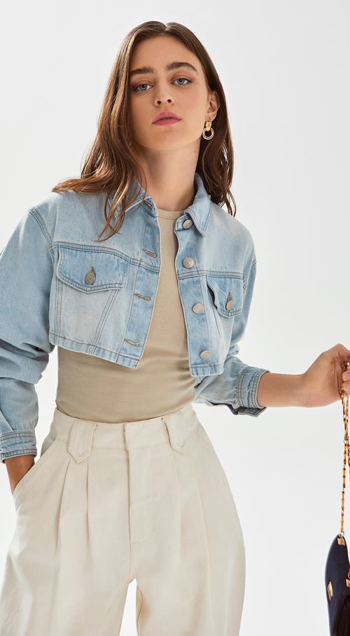 Jaqueta Iódice Cropped Com Botão Jeans