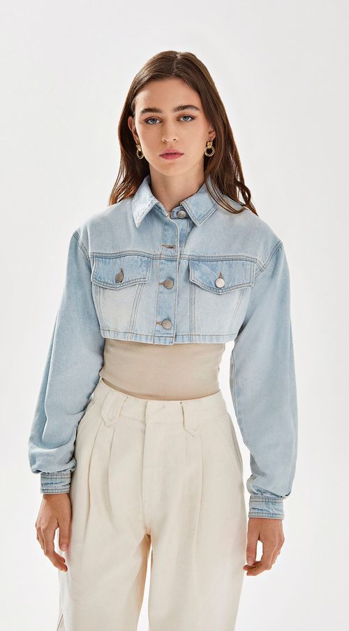 Jaqueta Iódice Cropped Com Botão Jeans