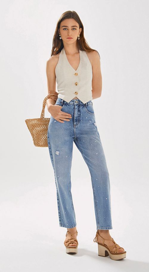 Calca Iódice Reta Cós Alto Com Termocolante Jeans
