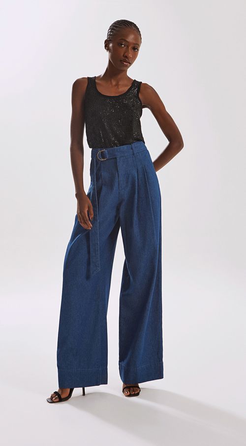 Calca Iódice Pantalona Reta Cós Alto Com Cinto Jeans