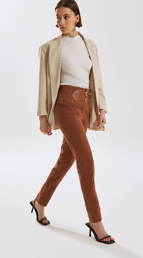 Calca Iódice Skinny Cós Alto Com Fivela Marrom