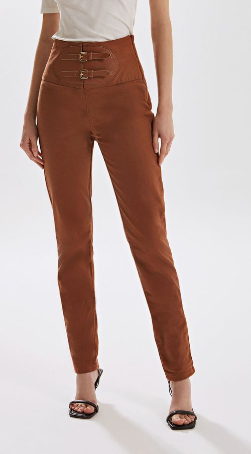 Calca Iódice Skinny Cós Alto Com Fivela Marrom