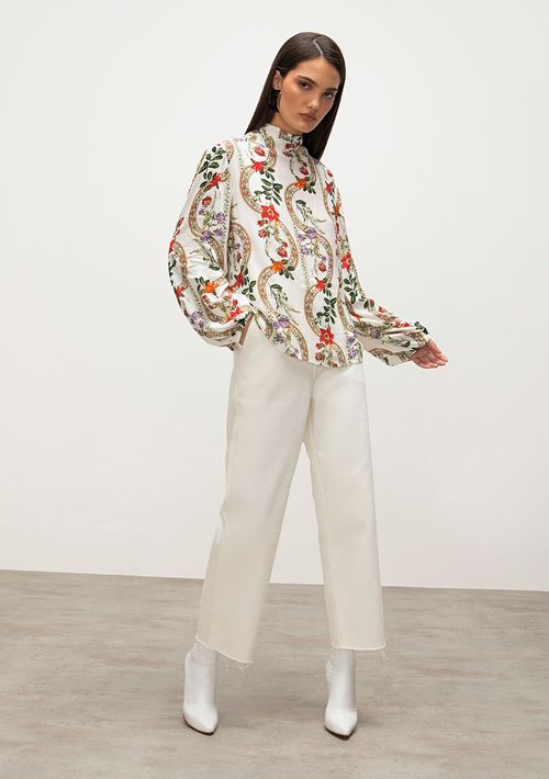 Calca Iódice Reta Cós Alto Com Pence Off White