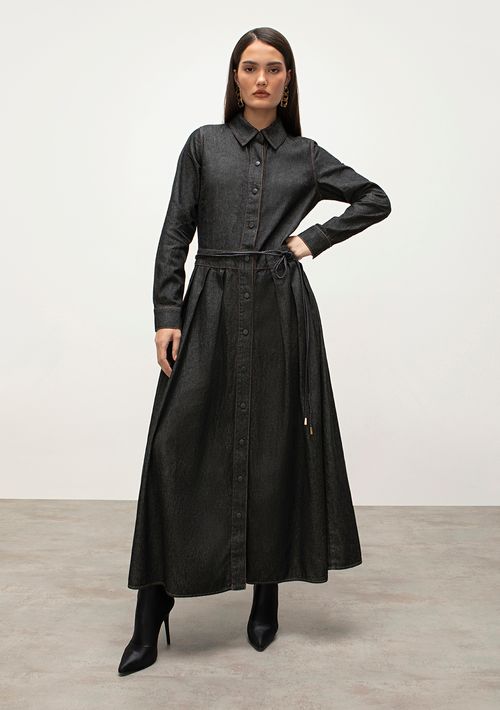 Vestido Iódice Midi Gola Camisa Com Faixa Preto