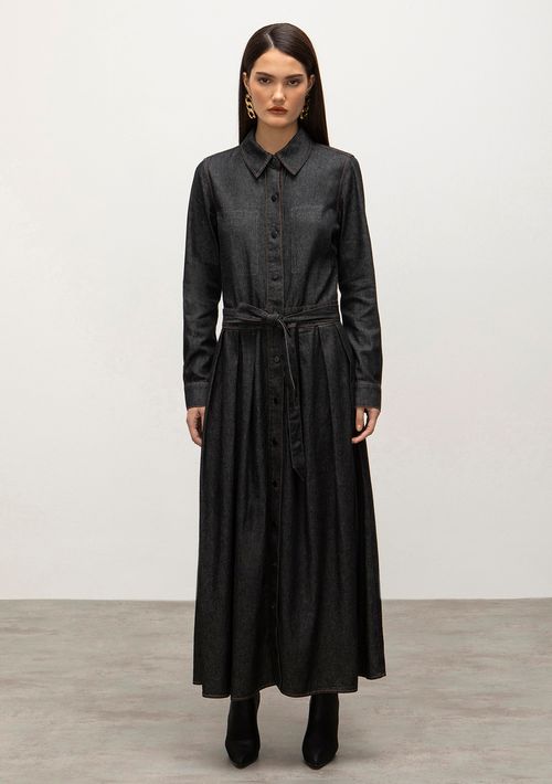 Vestido Iódice Midi Gola Camisa Com Faixa Preto