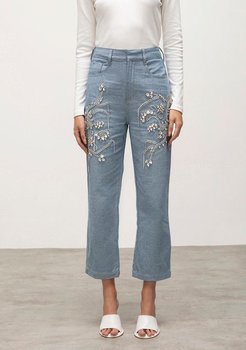 Calca Iódice Reta Cós Alto Bordado Manual Jeans