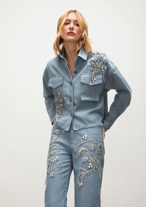 Jaqueta Iódice Cropped Bordada Manual Jeans