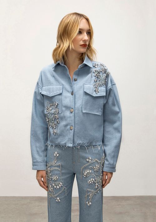 Jaqueta Iódice Cropped Bordada Manual Jeans