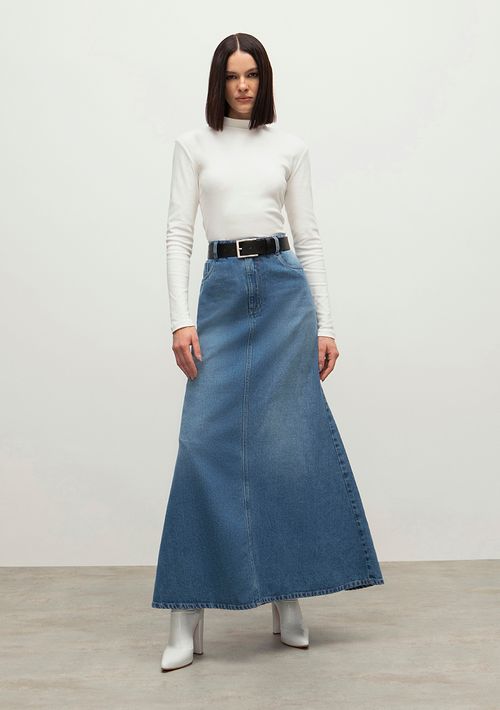 Saia Iódice Longa Sereia Com Recorte Jeans