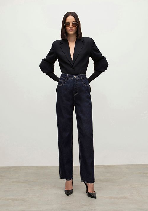Calca Iódice Reta Cós Alto Com Pence Jeans