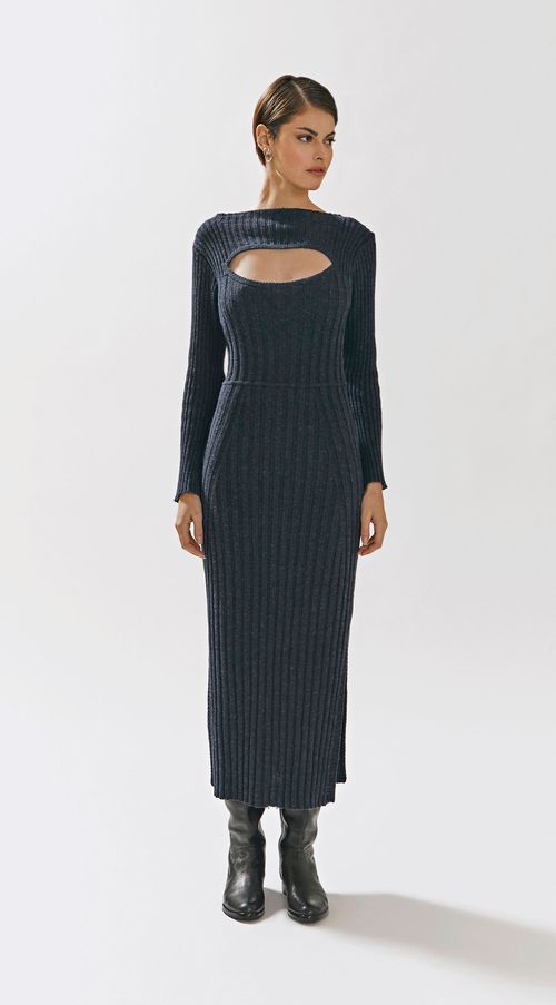 Vestido Iódice Midi Decote Canoa Tricôt Jeans