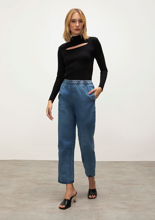 Calca Iódice Reta Cós Intermediário Com Elástico Jeans