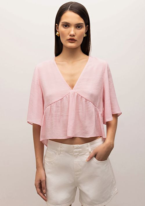 Blusa Iódice Decote V Manga Evasê Com Franzido Rosa